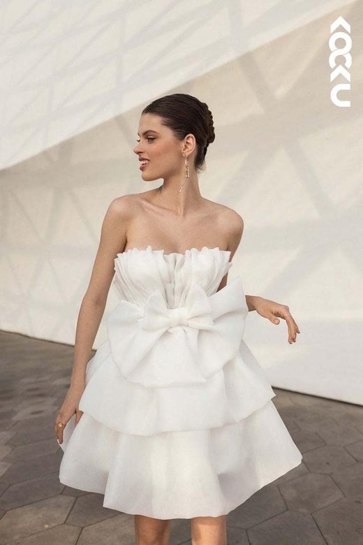 Strapless Ruched Satin A-Line Mini Wedding Dress with Bow