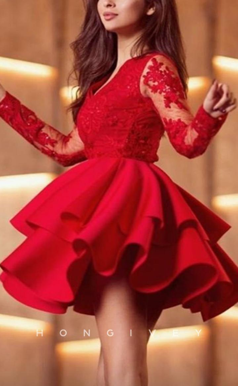 Alluring Red Satin A-Line Empire V-Neck Lace Long Sleeve Short Gown