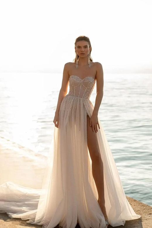 Sweetheart Strapless Beaded Tulle A-Line Dress with Slit