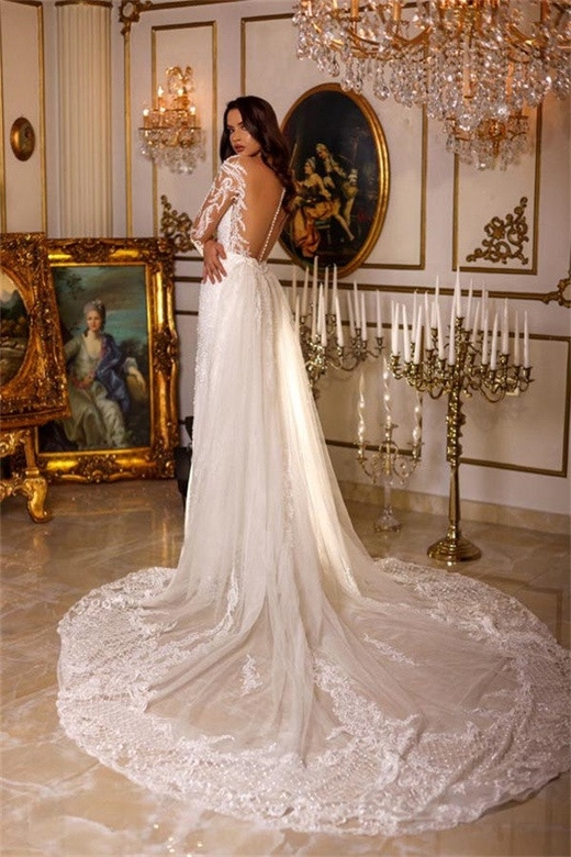 Long Sleeves Mermaid Wedding Dress with Ruffles and Lace