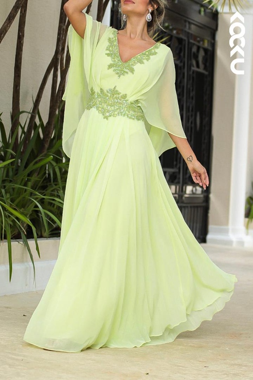 Elegant Luxurious Appliques V-Neck A-Line Long Sleeves Chiffon