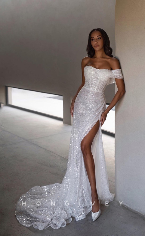 Sparkly Sheer One-Shoulder Wedding Dress with Train & Slit