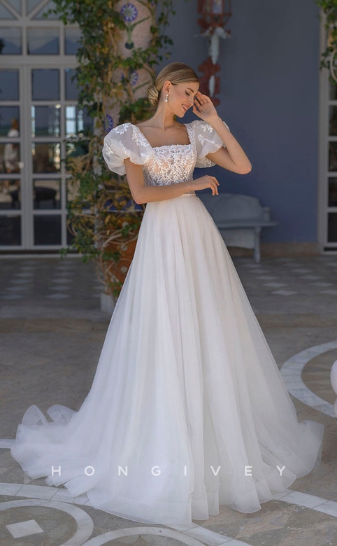 Ornate Lace Applique Sheer Wedding Dress with Tulle Train