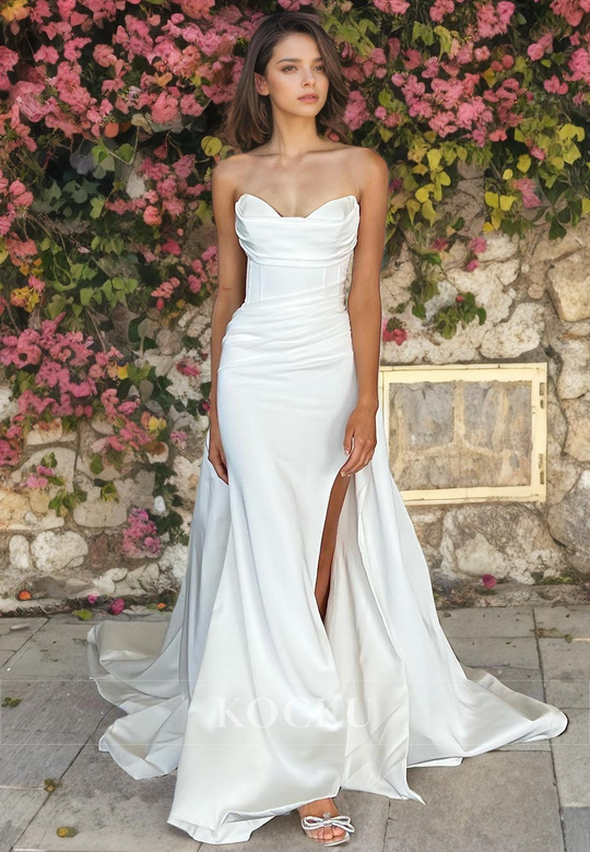 Simple V-Neck Sleeveless Mermaid Satin Wedding Dress