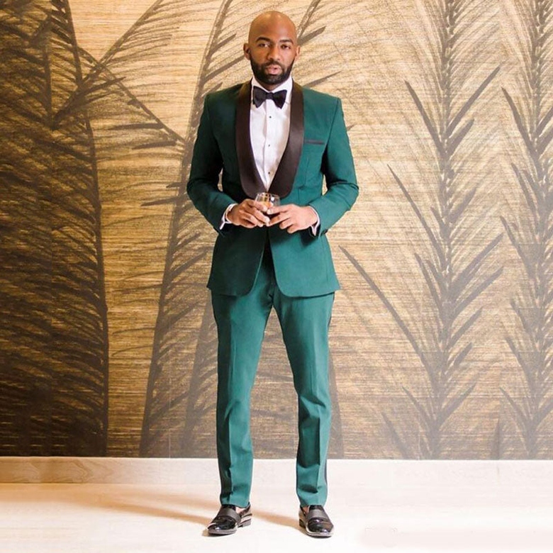 Dark Green One-Button Wedding Suit with Black Shawl Lapel