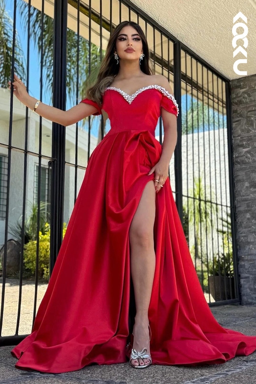 Classic Off-Shoulder A-line Side Slit Evening Prom Dress