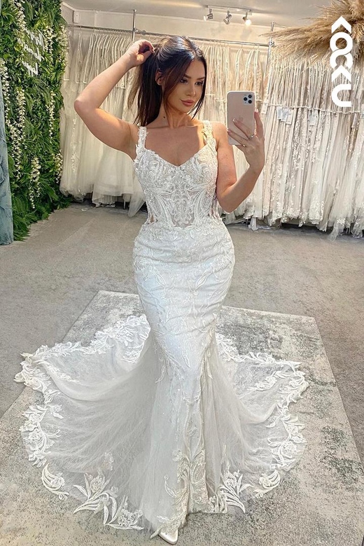 Modern Trumpet Straps Lace Floral Backless Wedding Dress, Sweep Train