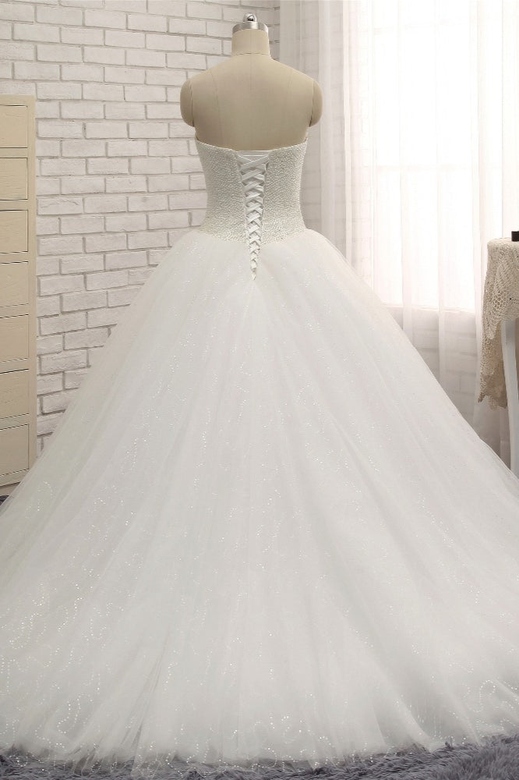 Chic Sweetheart Pearls White A-line Wedding Dress, Tulle Ruffles