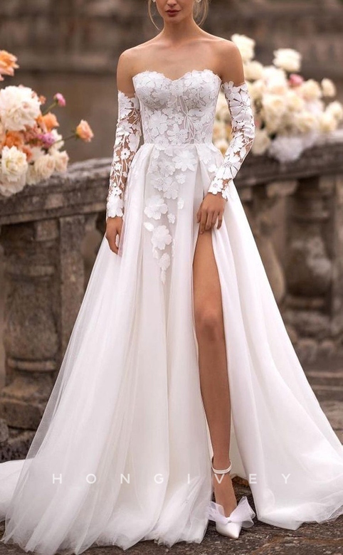 Sexy Tulle A-Line Sweetheart Strapless Lace Sleeves Dress