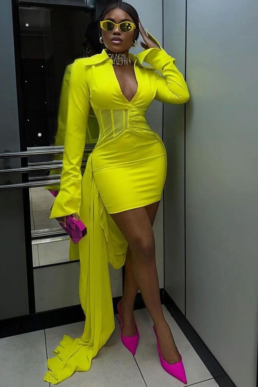 Stylish Yellow Big Collar Deep V Draped Mesh Corset Long Sleeve Mini Dress