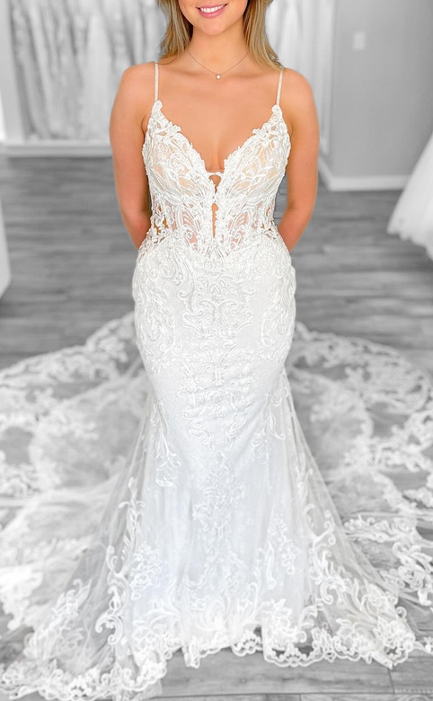 Trumpet V-Neck Spaghetti Straps Lace Applique Train Wedding Gown