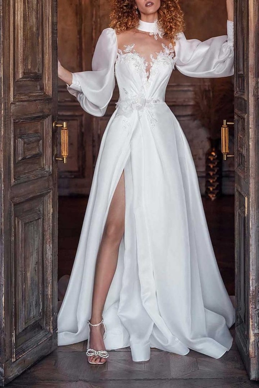 High Neck Long Sleeves Lace Appliqued Satin A-Line Gown