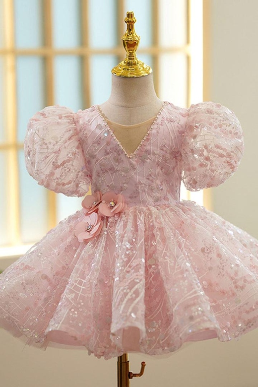 V-Neck Puff Sleeves Sequined Beaded A-Line Flower Girl Dress