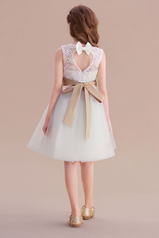 A-Line Bow Tulle Lace Knee-Length Flower Girl Dress