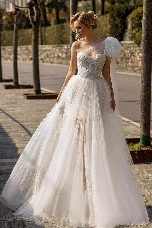 One Shoulder Lace Ruched Sheer Tulle A-Line Wedding Dress