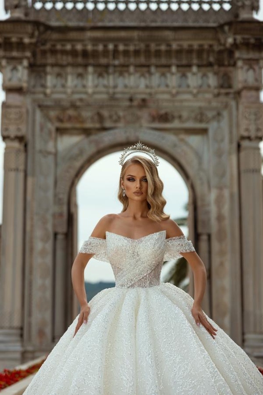 Off-the-Shoulder Ball Gown Wedding Dress with Lace Sequins