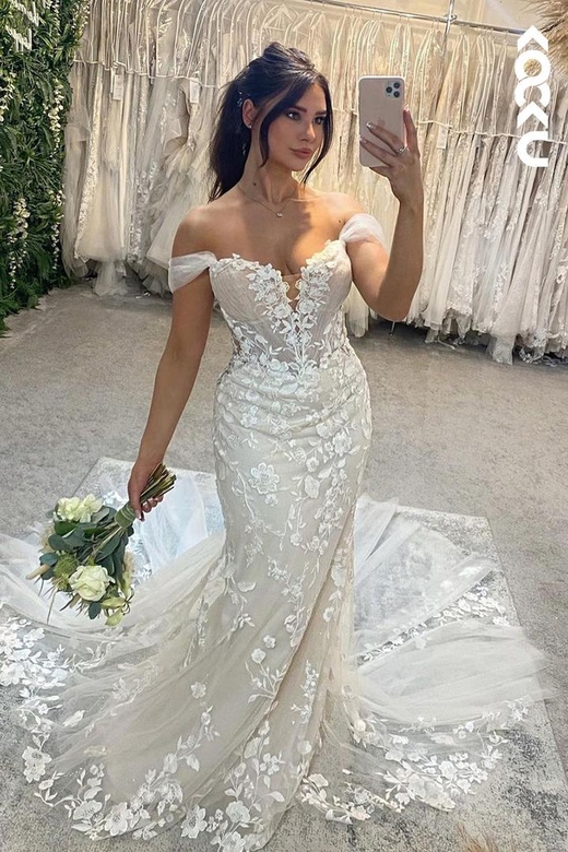 Mermaid Style Wedding Dress with Low V-Neck & Off-Shoulder