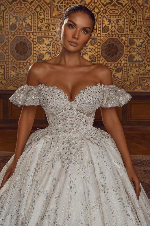 Off-Shoulder A-Line Ball Gown, Floral Lace Wedding Dress