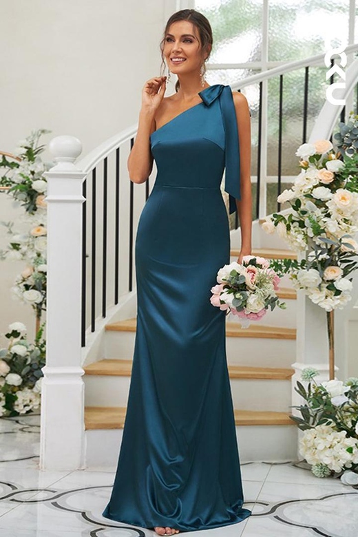 One Shoulder Satin Sheath Long Bridesmaid Dress with Bow