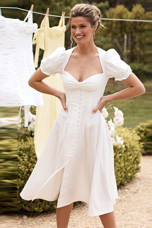 Simple White Short Puff Sleeves A-Line Satin Midi Homecoming Gown