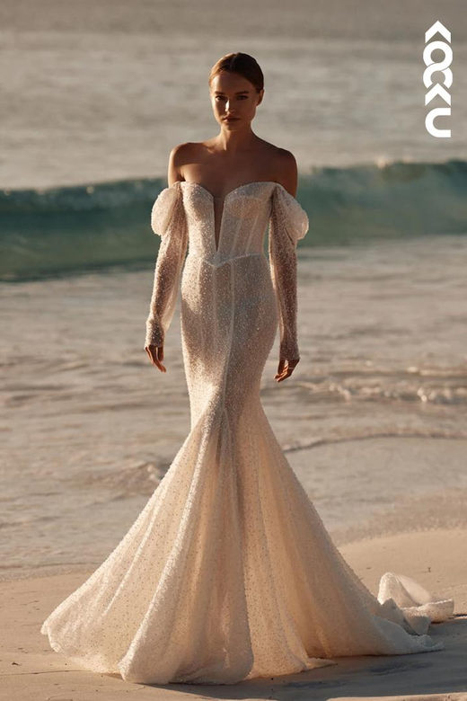 Sexy & Hot Sheath Off-Shoulder Fully Beaded Boho Dress with Sleeves