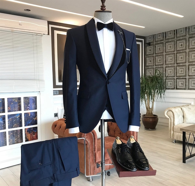 Navy Blue Shawl Lapel One-Button Groom Wedding Suit