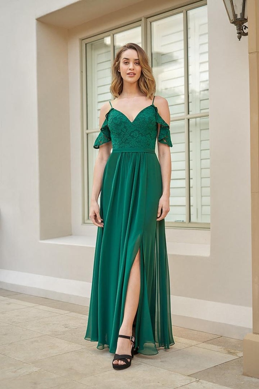 V-Neck Off-Shoulder Lace A-Line Long Bridesmaid Dress with Side Slit