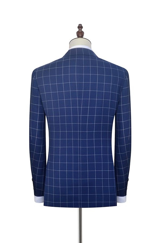 Grey Checked Navy Blue Suits, Flap Pocket Peak Lapel