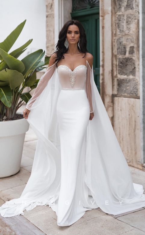 Sheer Embroidered Wedding Dress with Overlay and Train