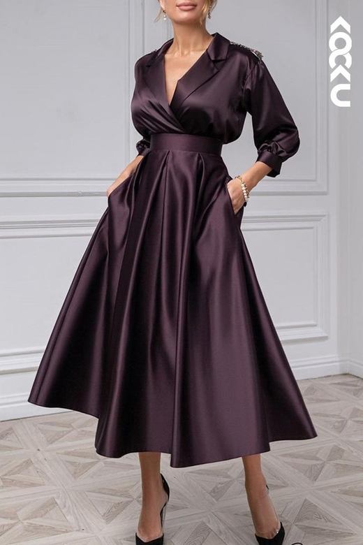 Elegant Luxurious V-Neck A-Line Satin Dress