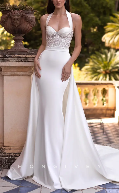 Satin Fitted Sweetheart Halter Overskirt Gown Appliques Dress