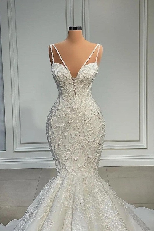 V-Neck Sleeveless Mermaid Wedding Dress, Lace, with Beads