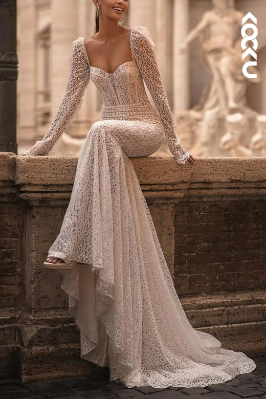 Sweetheart Long Sleeves Sheer Lace Mermaid Wedding Dress