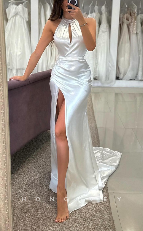 Satin Fitted High Neck Sleeveless with Side Slit Train Wedding Dress