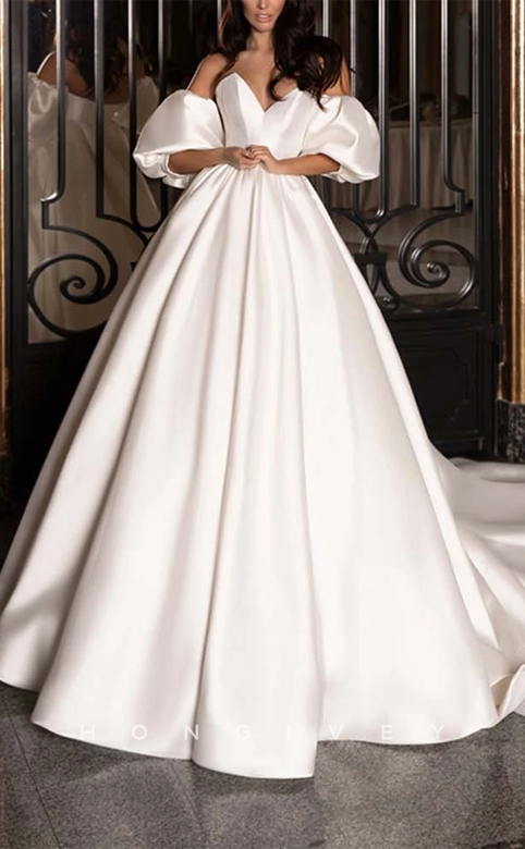 Satin A-Line Sweetheart Detachable Puff Sleeves Train Gown