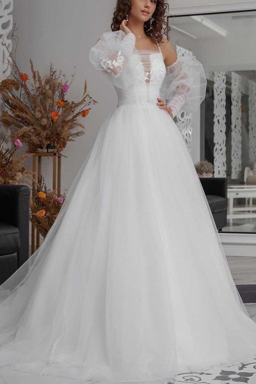 V-Neck Sleeveless Appliqued Ruched Tulle A-Line Gown