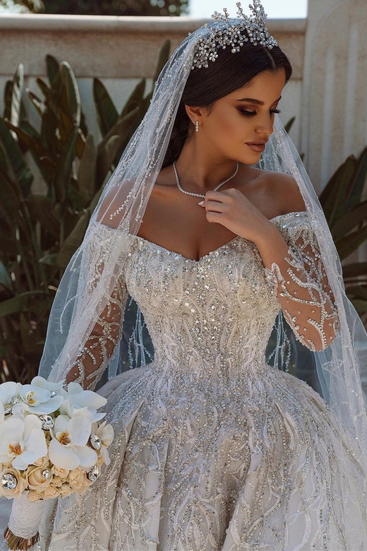 Off-Shoulder Ball Gown Wedding Dress Adorned with Crystals