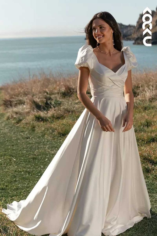 V-Neck Short Puff Sleeves Ruched Satin Wedding Gown