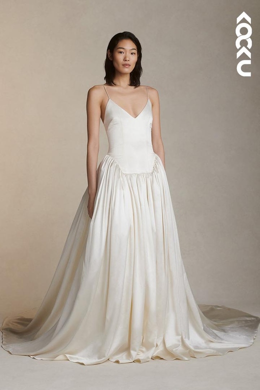 V-Neck Spaghetti Straps Ruched Satin A-Line Wedding Gown