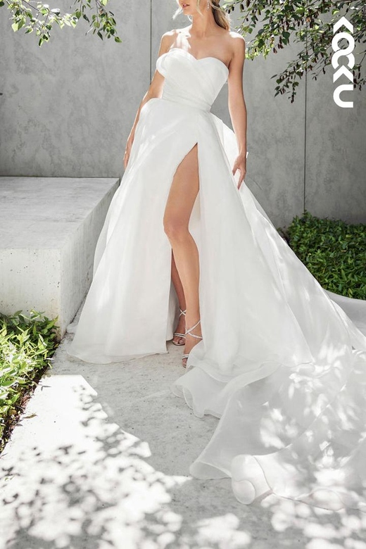 Sweetheart Strapless Ruched Satin A-Line Dress with Slit