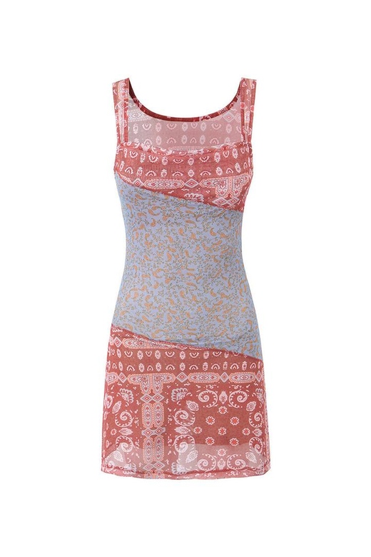 Ethnic Patchwork Cowl Neck Sleeveless Mesh Bodycon Mini Sundress