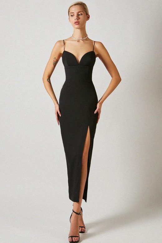 Sexy Black Deep V High Slit Sleeveless Bandage Cocktail Party Maxi Dress