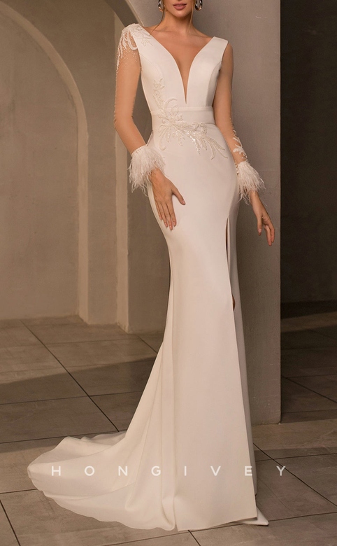 Elegant Luxurious V-Neck Backless Lace Long Sleeves Wedding Gown