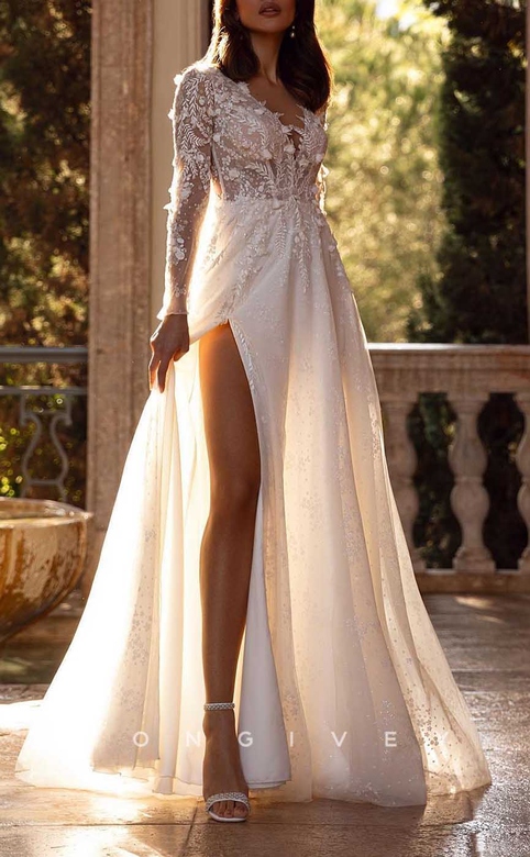 Elegant V-Neck Long Sleeve A-Line Appliques Side Slit Wedding Dress