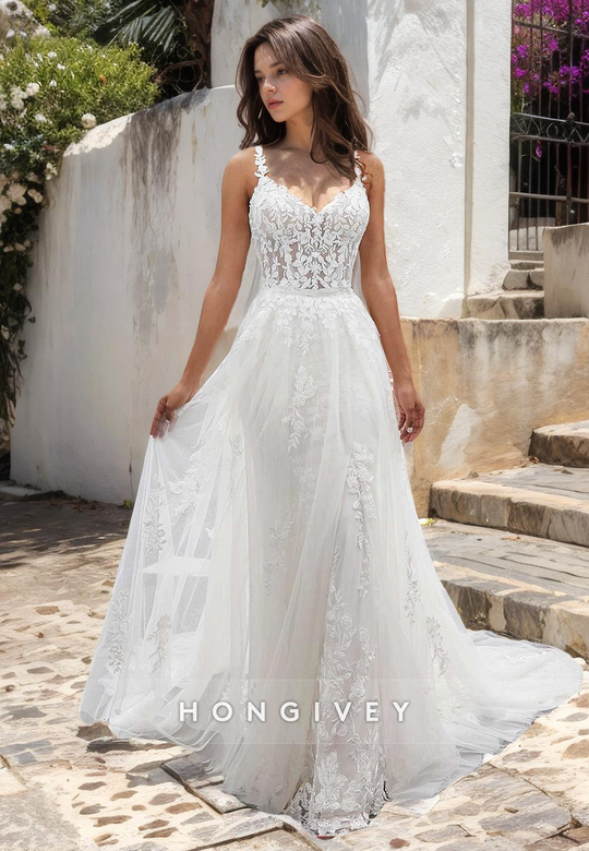 Sheer Floral Embroidered Mermaid Wedding Dress with Overskirt