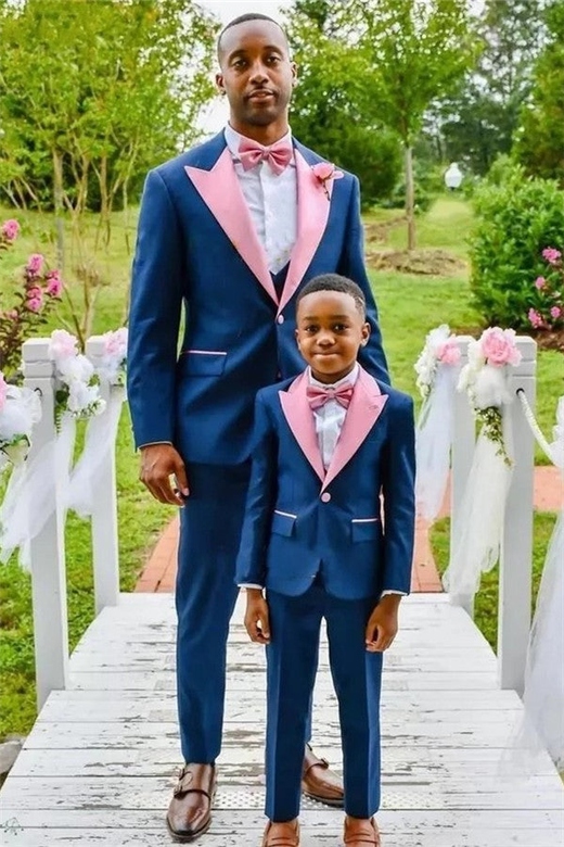 Dark Blue Wedding Suit with Pink Lapel, One Button Style