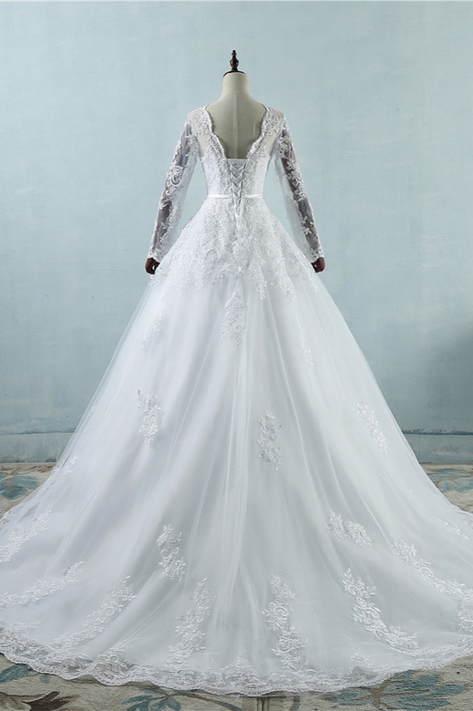 Elegant Jewel Tulle Lace Wedding Gown with A-Line Appliques