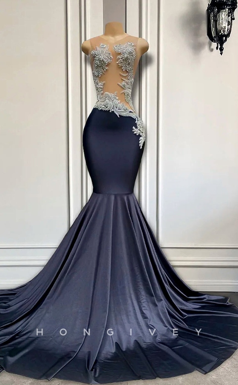 Sleeveless Illusion Dress with Beaded Appliques