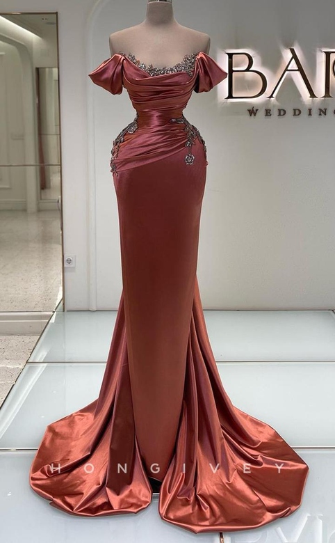 Sexy Satin Trumpet Off-Shoulder Empire Beaded Gown