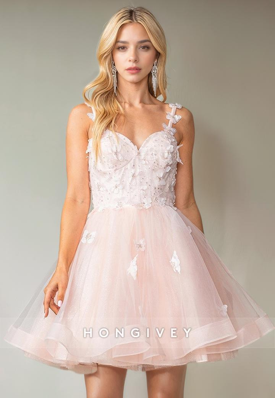 Sweet Tulle A-Line Sweetheart Spaghetti Straps Appliques Party